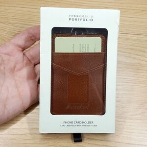 PERRY ELLIS Mens Wallet Brown Leather Card Holder for Phone includes Adhesive